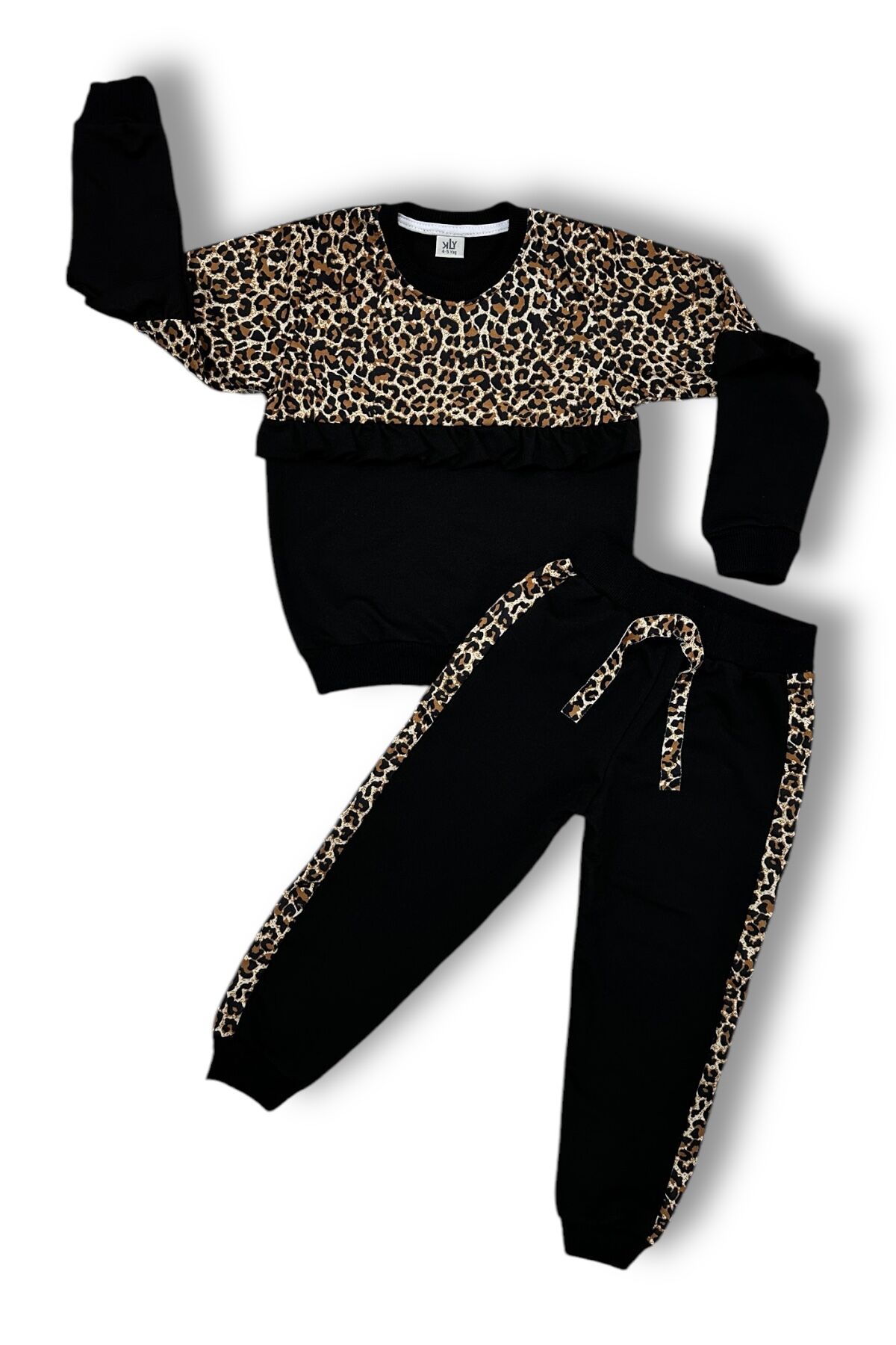 Leopar Desenli Garnili Çocuk Takımı Siyah