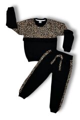 Leopar Desenli Garnili Çocuk Takımı Siyah