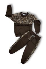 Leopar Desenli Garnili Çocuk Takımı Kahverengi