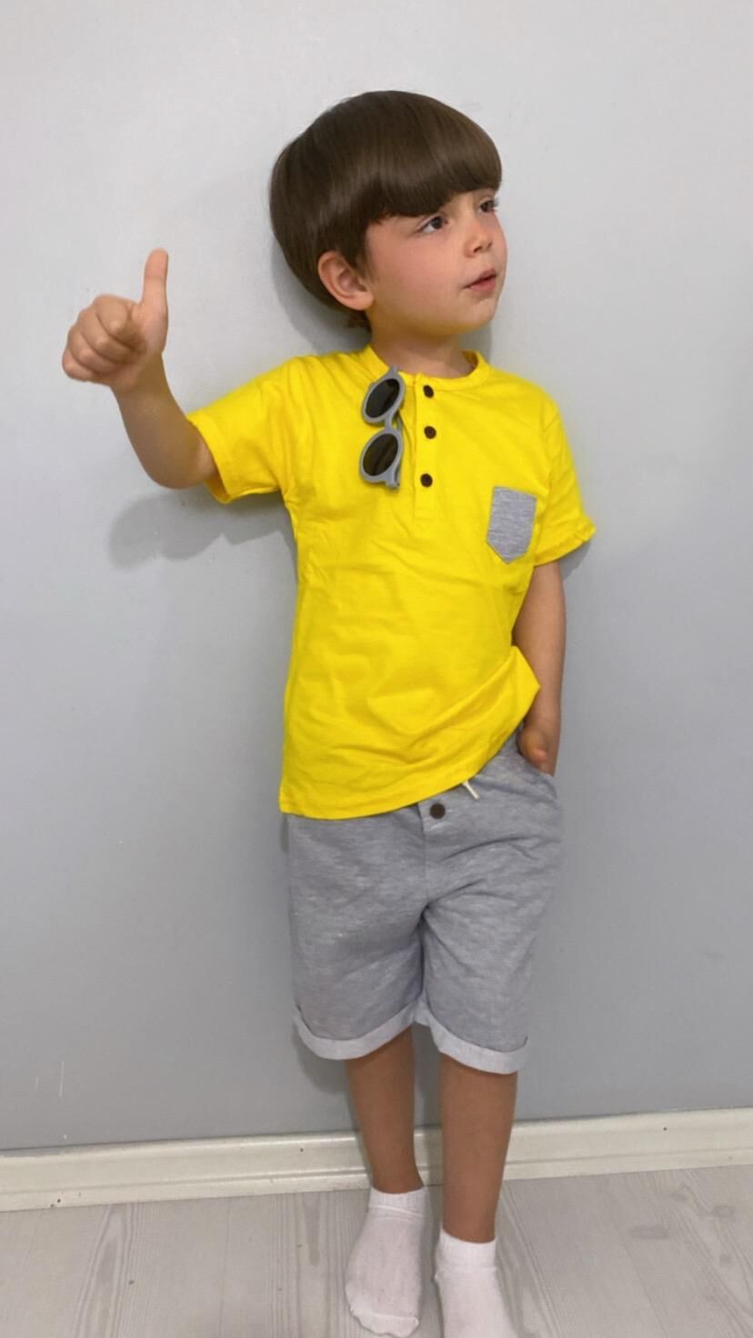 Patlı Düğmeli Erkek Şortlu Takım Sarı