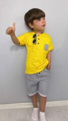 Patlı Düğmeli Erkek Şortlu Takım Sarı