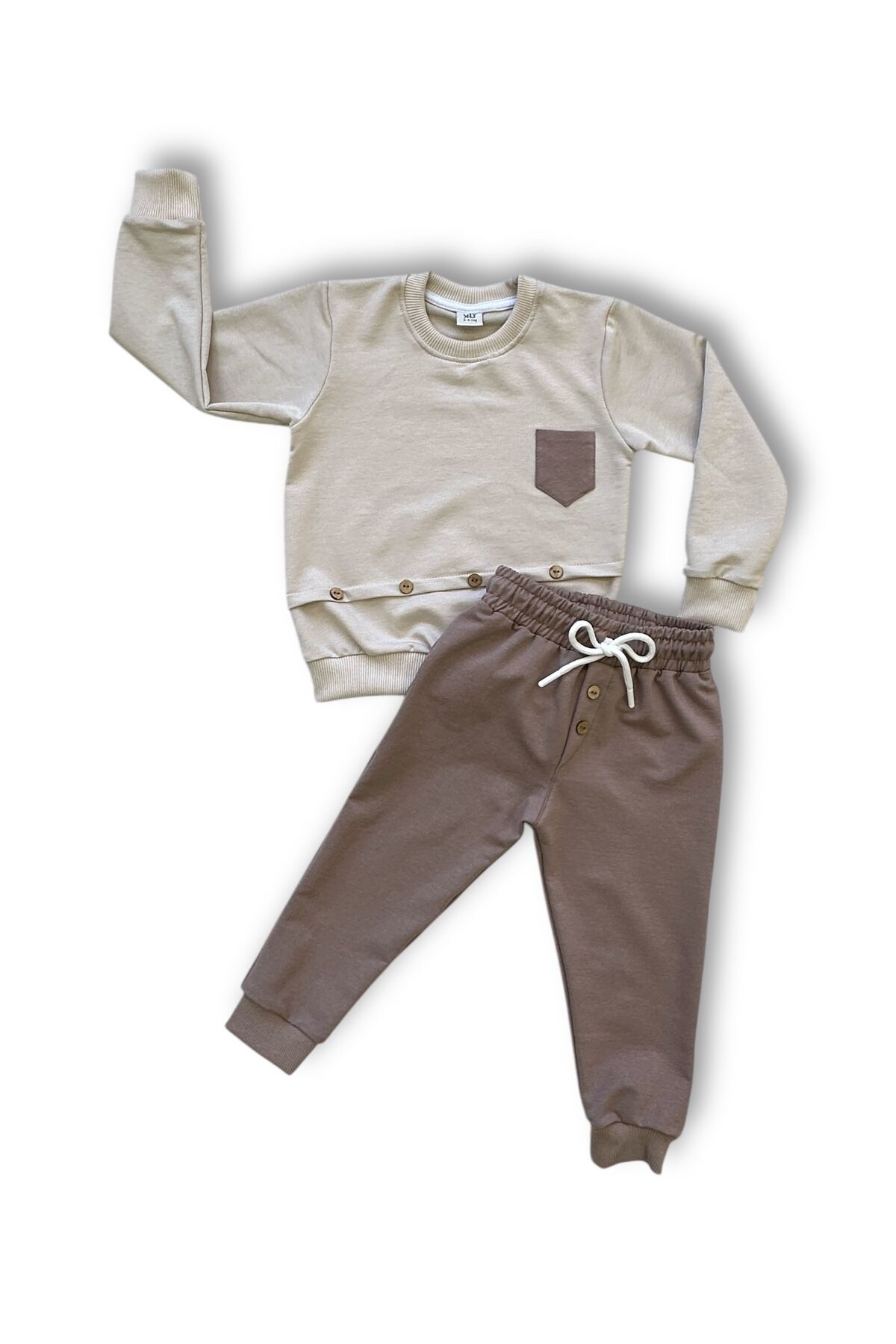 Düğme Detaylı Erkek Çocuk Takım Kahverengi