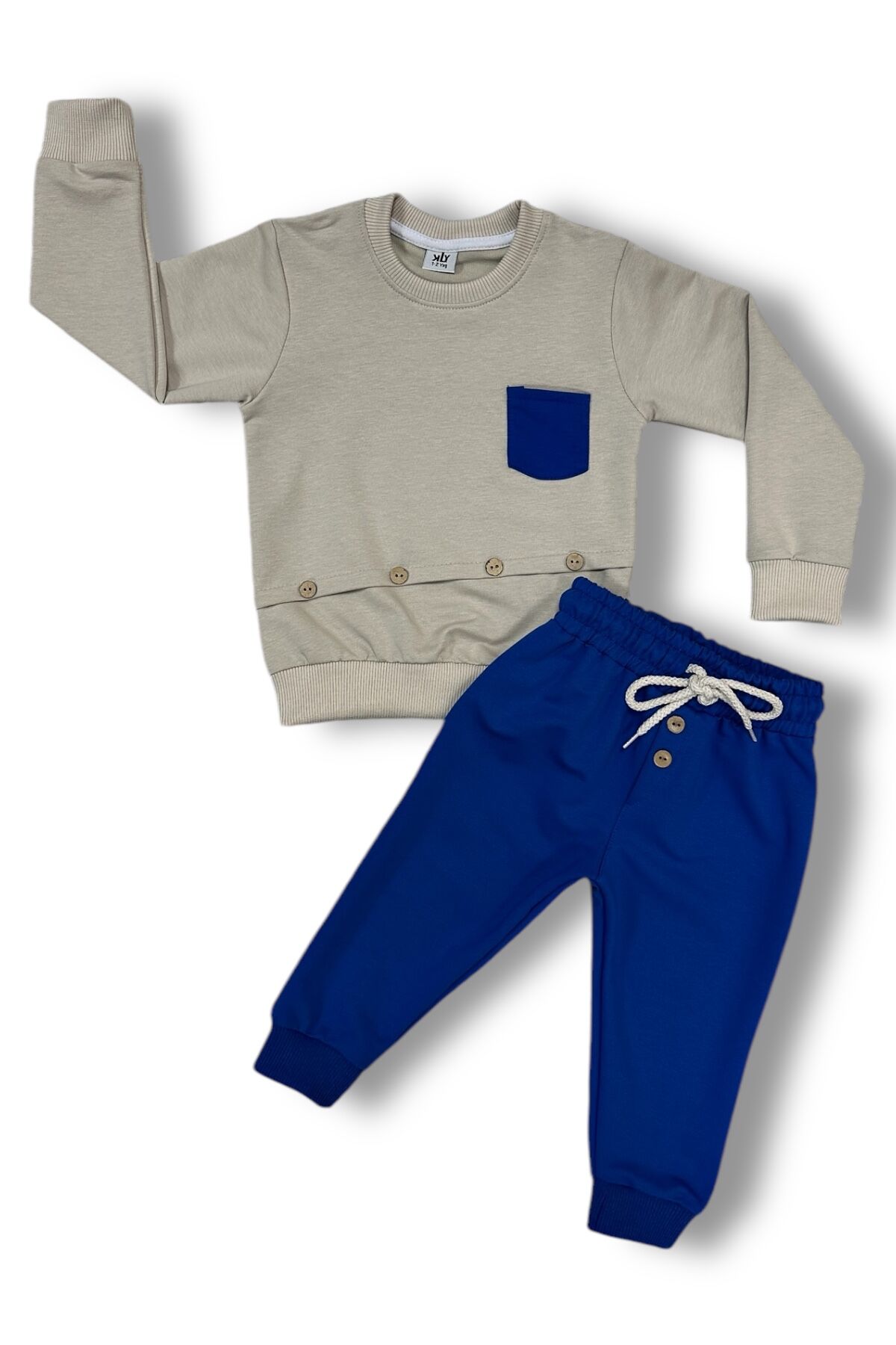 Düğme Detaylı Erkek Çocuk Takım Mavi