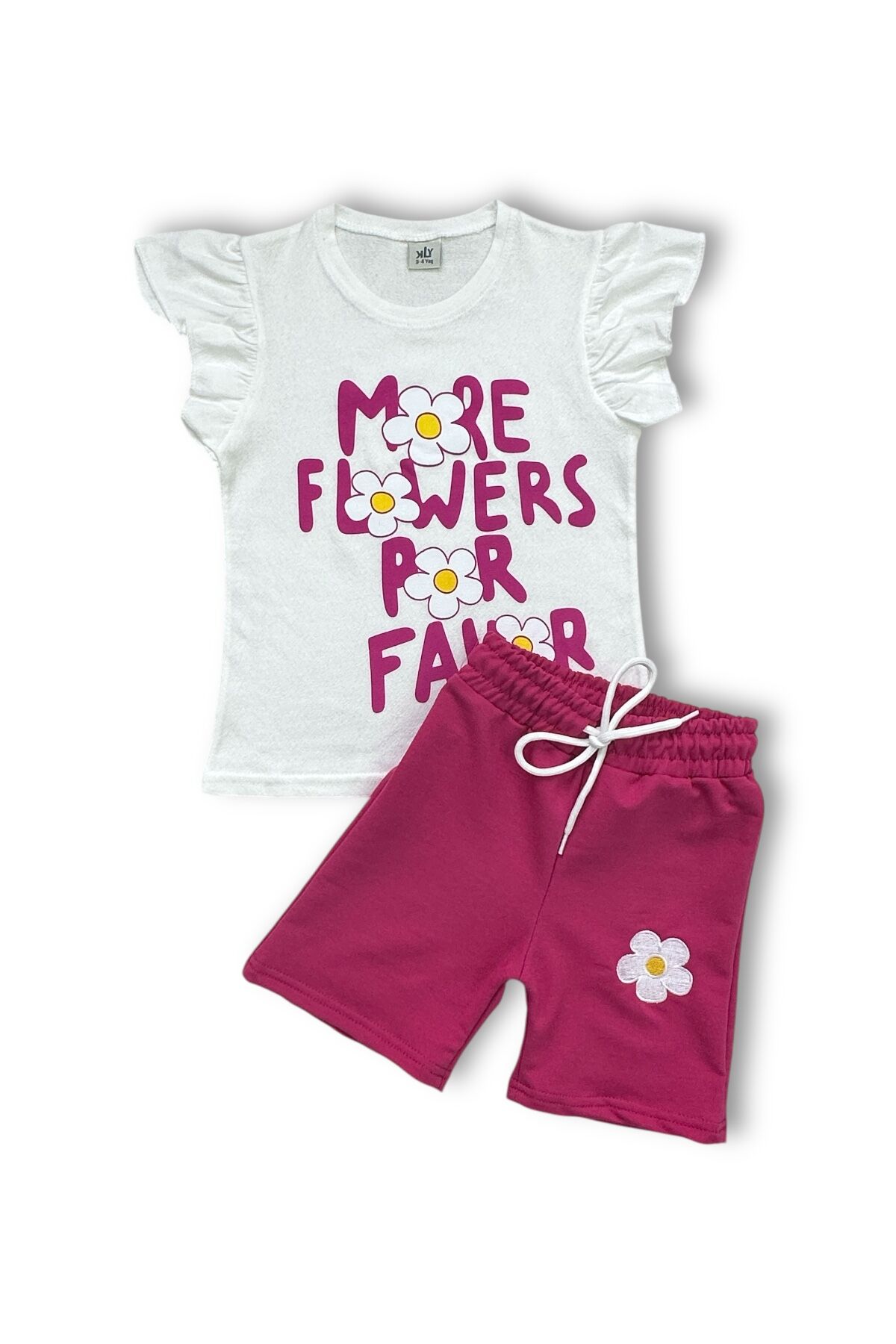 Fırfır Detaylı Papatya Baskı ve Nakışlı Kız Şortlu Takım Pembe