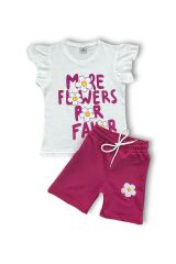 Fırfır Detaylı Papatya Baskı ve Nakışlı Kız Şortlu Takım Pembe