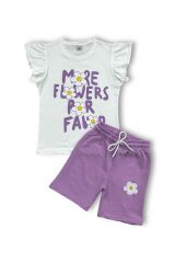 Fırfır Detaylı Papatya Baskı ve Nakışlı Kız Şortlu Takım Lila
