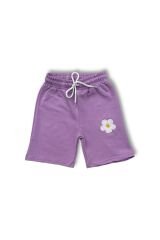Fırfır Detaylı Papatya Baskı ve Nakışlı Kız Şortlu Takım Lila