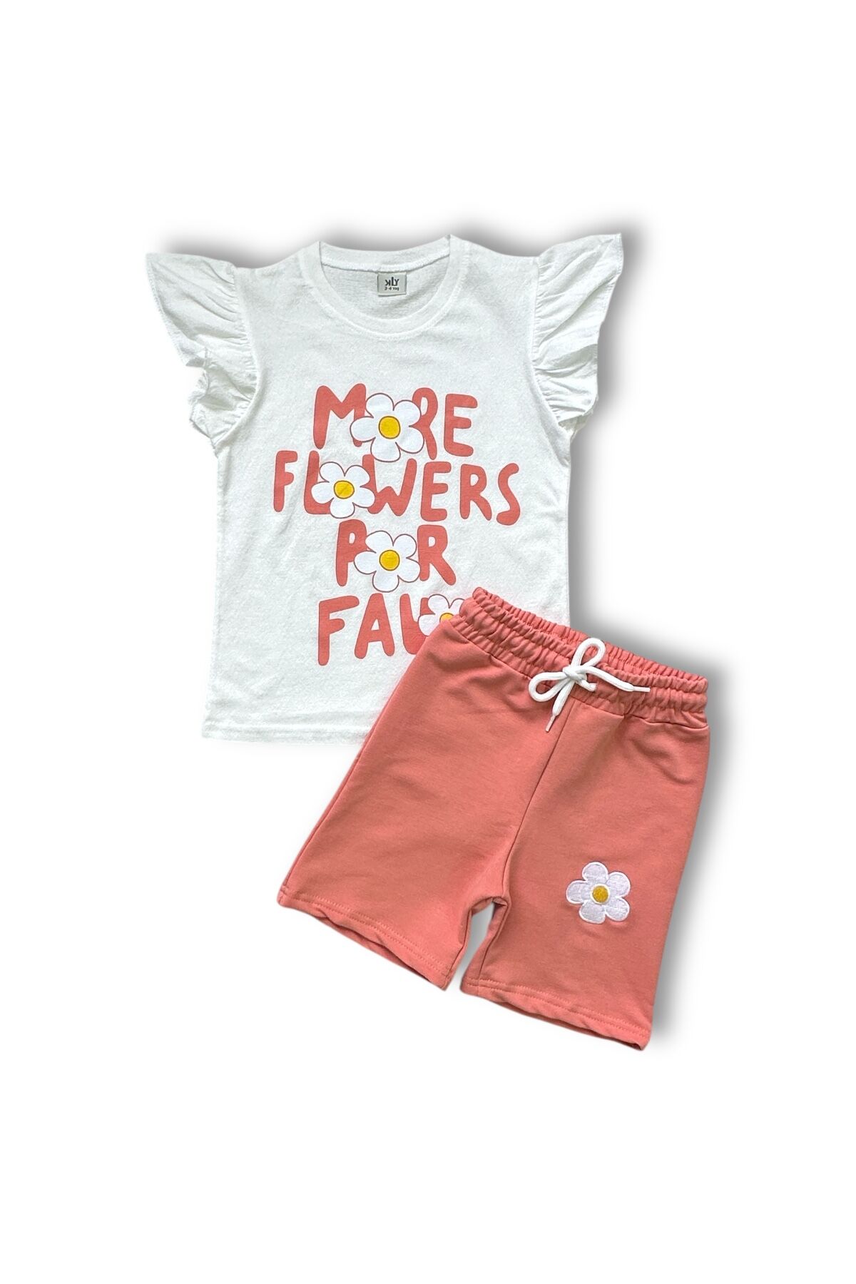 Fırfır Detaylı Papatya Baskı ve Nakışlı Kız Şortlu Takım Kavun İçi