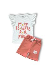 Fırfır Detaylı Papatya Baskı ve Nakışlı Kız Şortlu Takım Kavun İçi