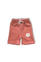 Fırfır Detaylı Papatya Baskı ve Nakışlı Kız Şortlu Takım Kavun İçi