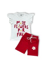Fırfır Detaylı Papatya Baskı ve Nakışlı Kız Şortlu Takım Kırmızı