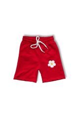 Fırfır Detaylı Papatya Baskı ve Nakışlı Kız Şortlu Takım Kırmızı