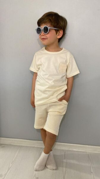 Premium Su Yolu Burgu Kumaş Şortlu Erkek Çocuk Takımı Ekru