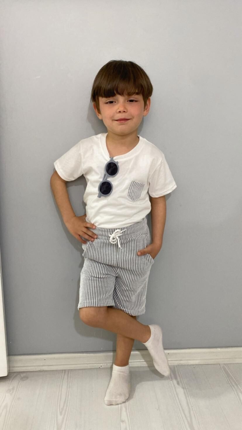 Premium Su Yolu Burgu Kumaş Şortlu Erkek Çocuk Takımı Gri