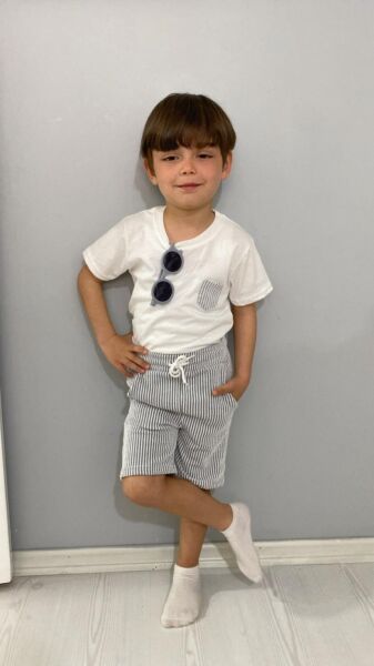 Premium Su Yolu Burgu Kumaş Şortlu Erkek Çocuk Takımı Gri