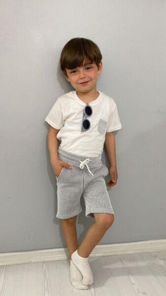 Premium Su Yolu Burgu Kumaş Şortlu Erkek Çocuk Takımı Gri