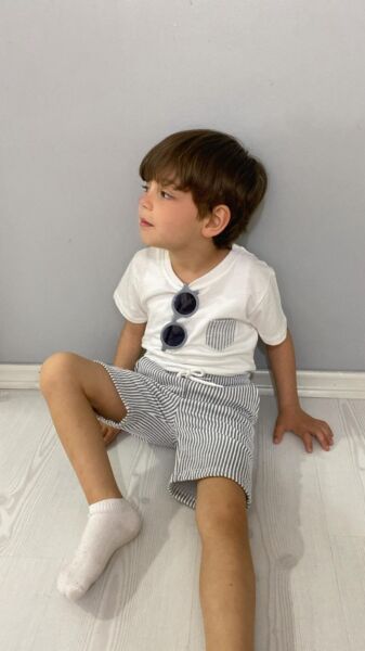 Premium Su Yolu Burgu Kumaş Şortlu Erkek Çocuk Takımı Gri