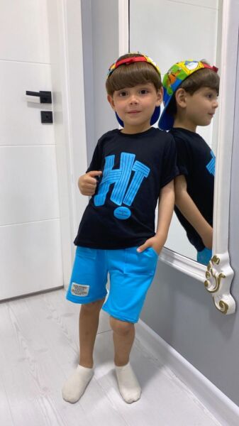 HI Baskılı Erkek Çocuk Takım Siyah - Mavi