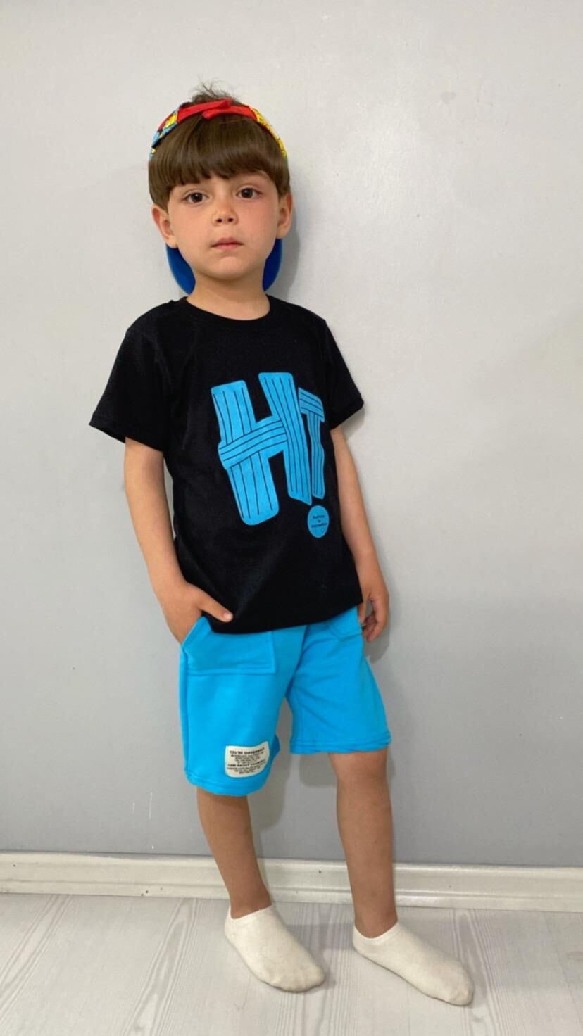 HI Baskılı Erkek Çocuk Takım Siyah - Mavi