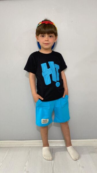 HI Baskılı Erkek Çocuk Takım Siyah - Mavi