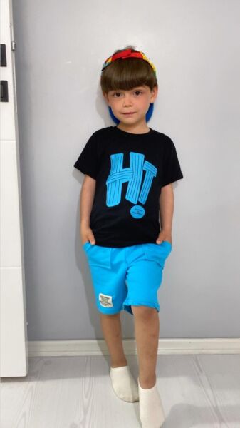 HI Baskılı Erkek Çocuk Takım Siyah - Mavi