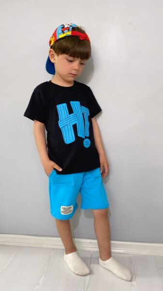 HI Baskılı Erkek Çocuk Takım Siyah - Mavi