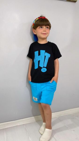 HI Baskılı Erkek Çocuk Takım Siyah - Mavi