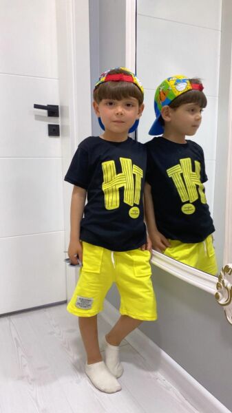 HI Baskılı Erkek Çocuk Takım Siyah - Sarı