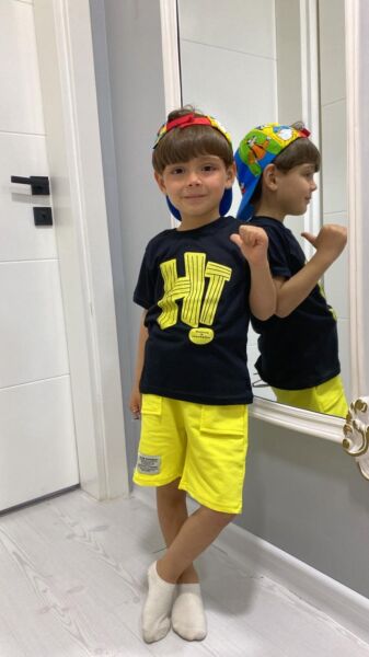 HI Baskılı Erkek Çocuk Takım Siyah - Sarı