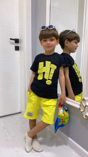 HI Baskılı Erkek Çocuk Takım Siyah - Sarı